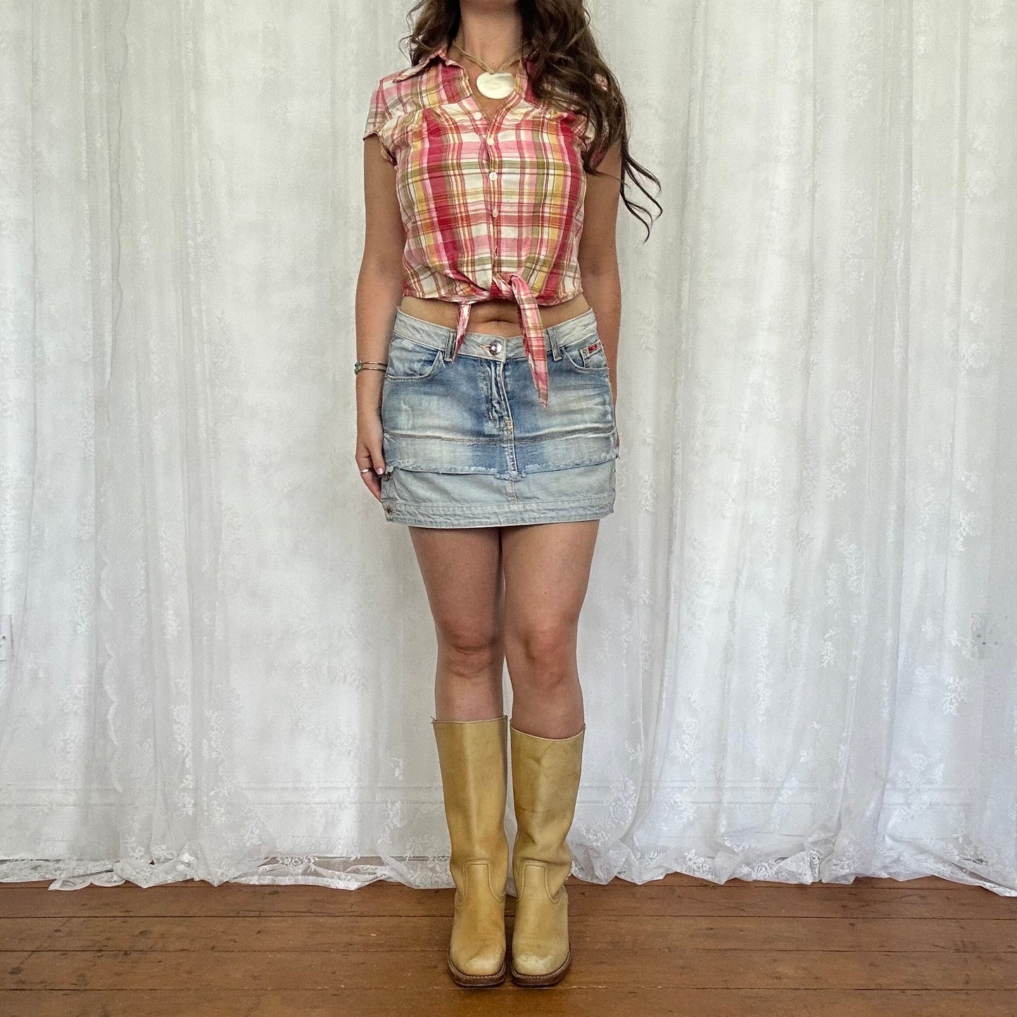 vintage 00s light wash denim layered mini skirt