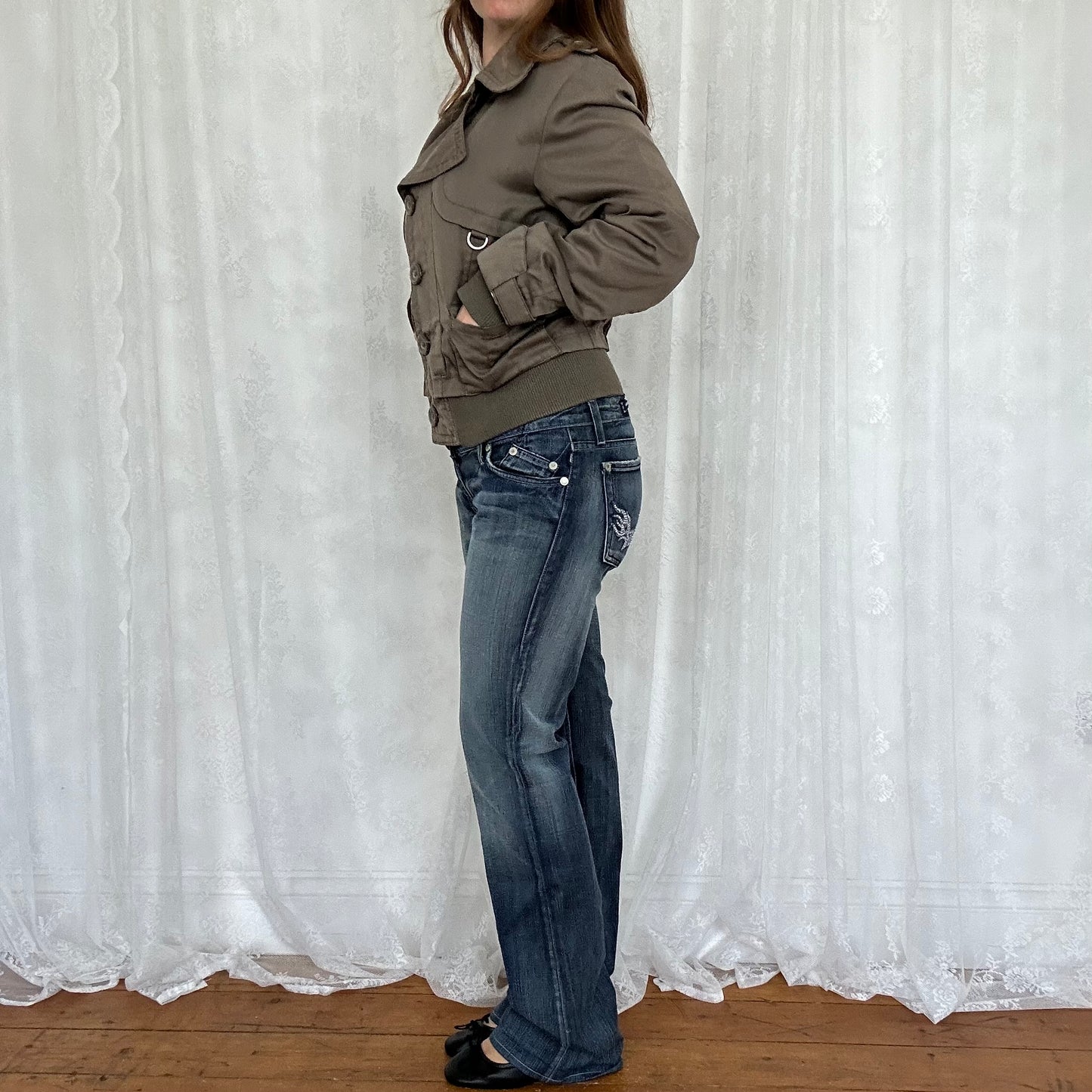 vintage 00s khaki brown peacoat style bomber jacket