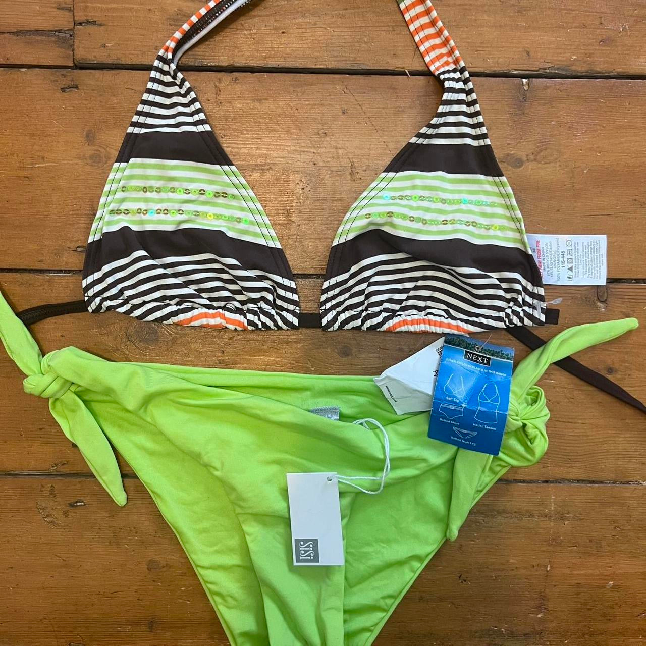 vintage 00s green and brown striped bikini set with sequins