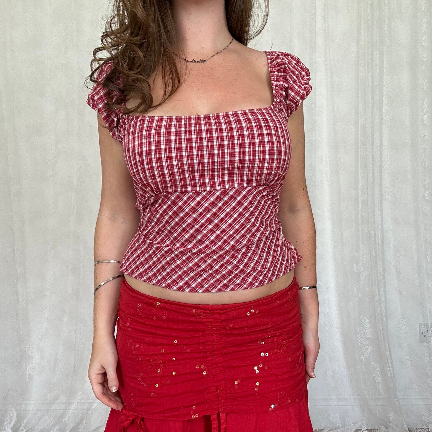 vintage 00s red checkered tie back milkmaid top