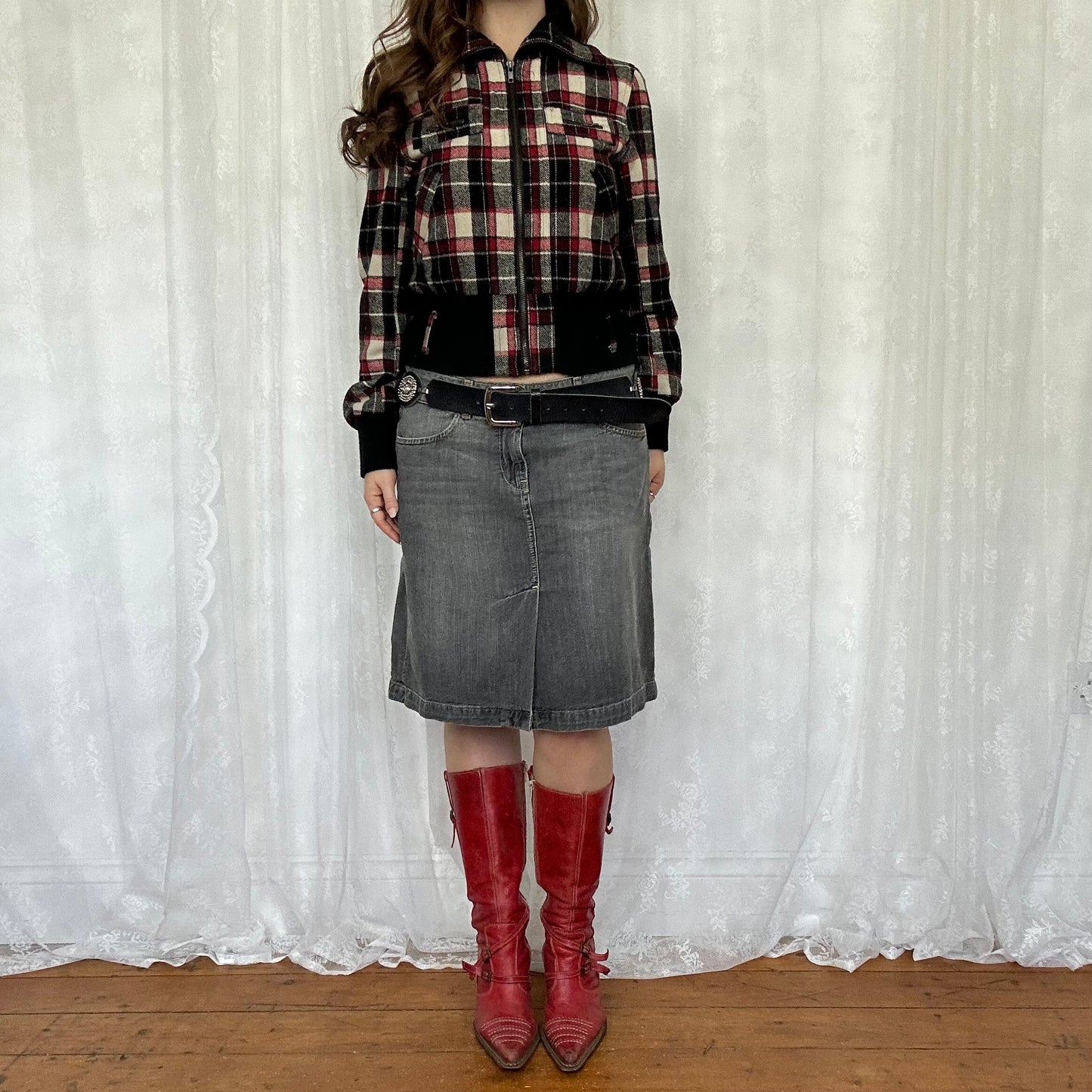 vintage 00s red and black checkered bomber jacket