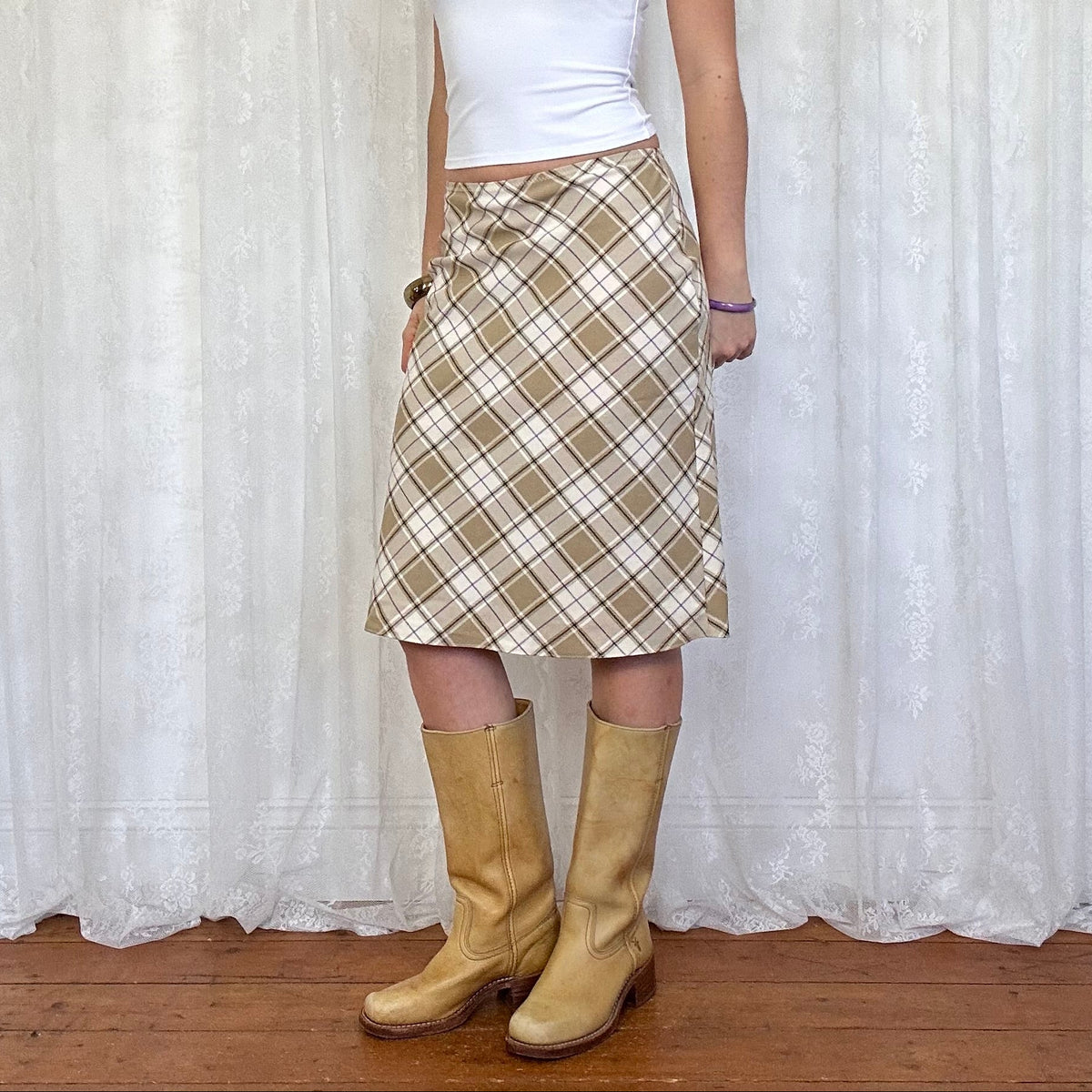 vintage 00s beige checkered midi skirt