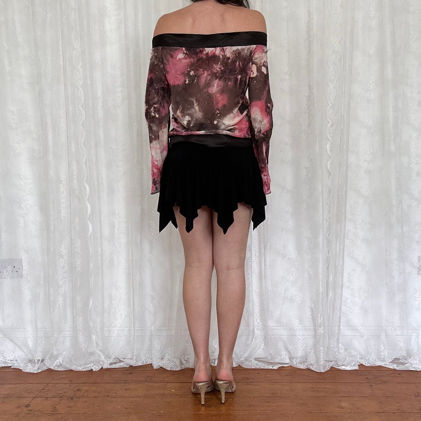 vintage 00s patterned flared sleeve off shoulder top