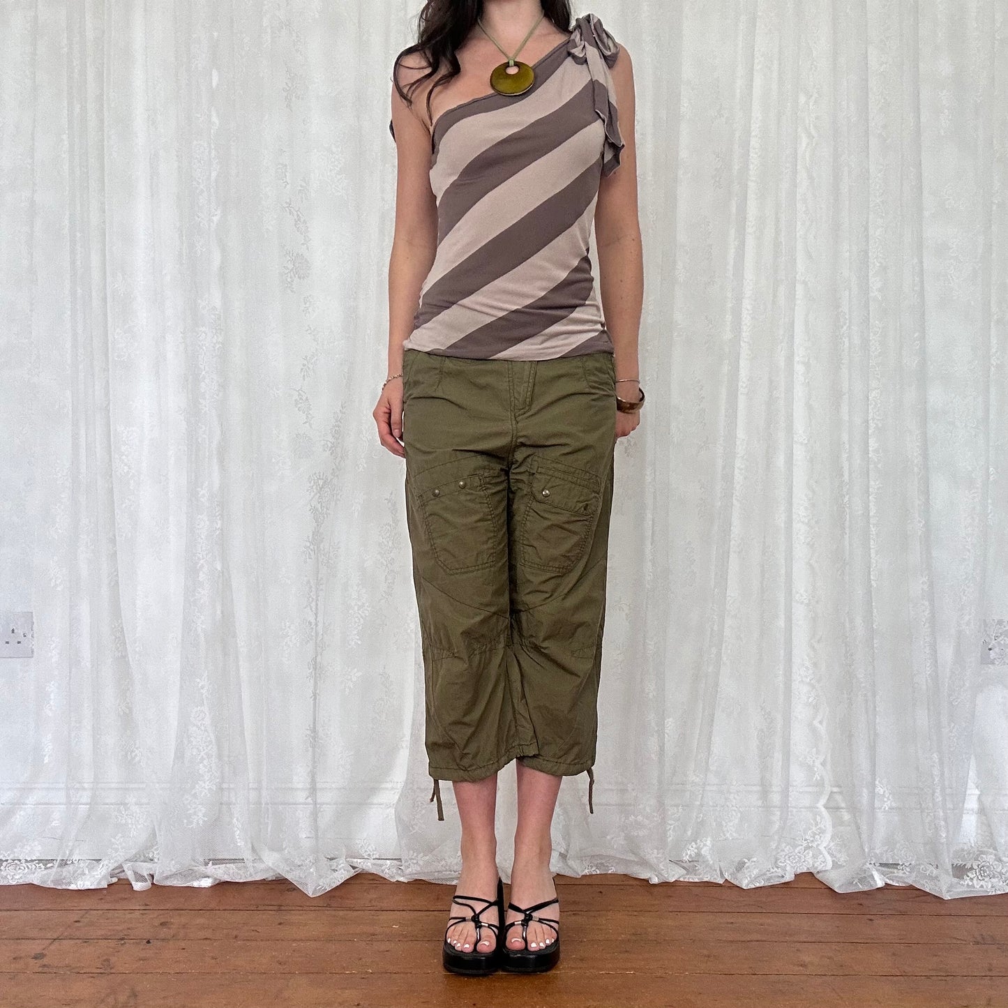 vintage 00s brown striped one shoulder top