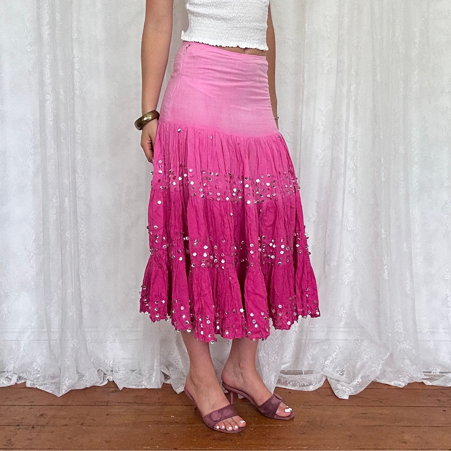 vintage 00s pink ombré sequin tiered midi skirt