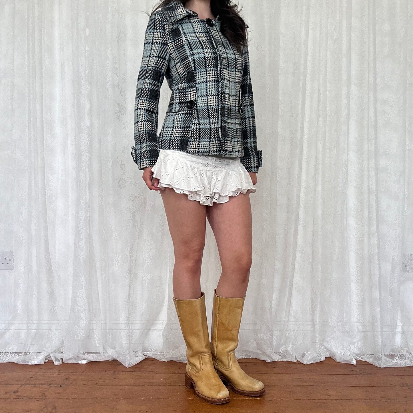 vintage 00s blue checkered button up peacoat