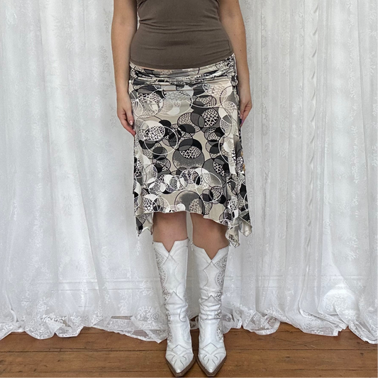 vintage 00s black and beige patterned midi skirt