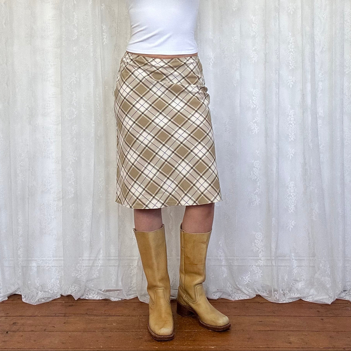 vintage 00s beige checkered midi skirt