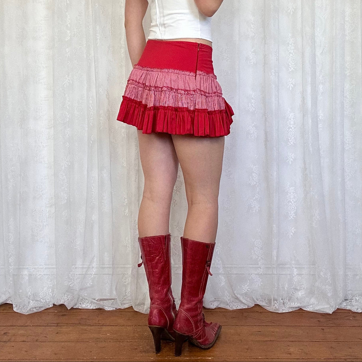 vintage 00s red gingham ruffle mini skirt