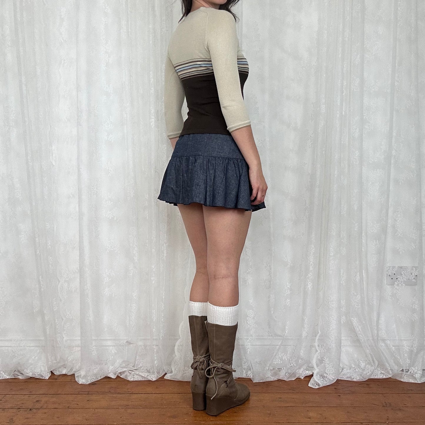 vintage 00s brown and blue crop sleeve knitted top