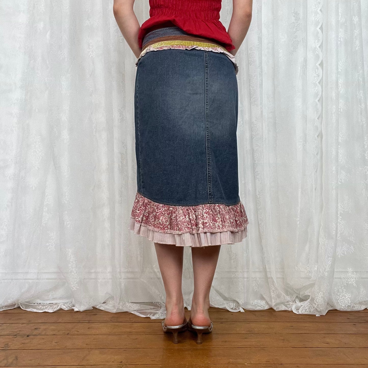 vintage 00s denim layered midi skirt