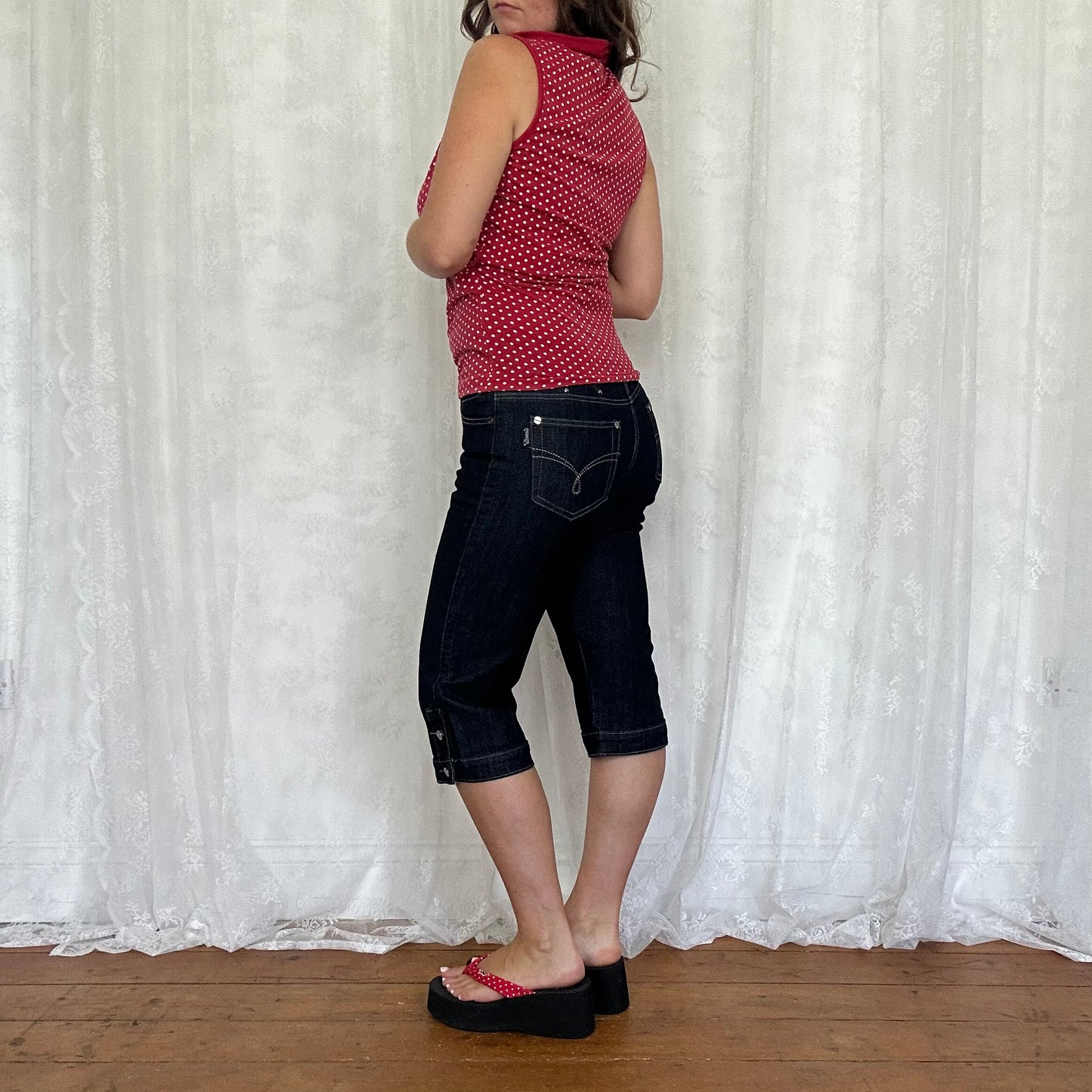 vintage 00s red polka dot collared top