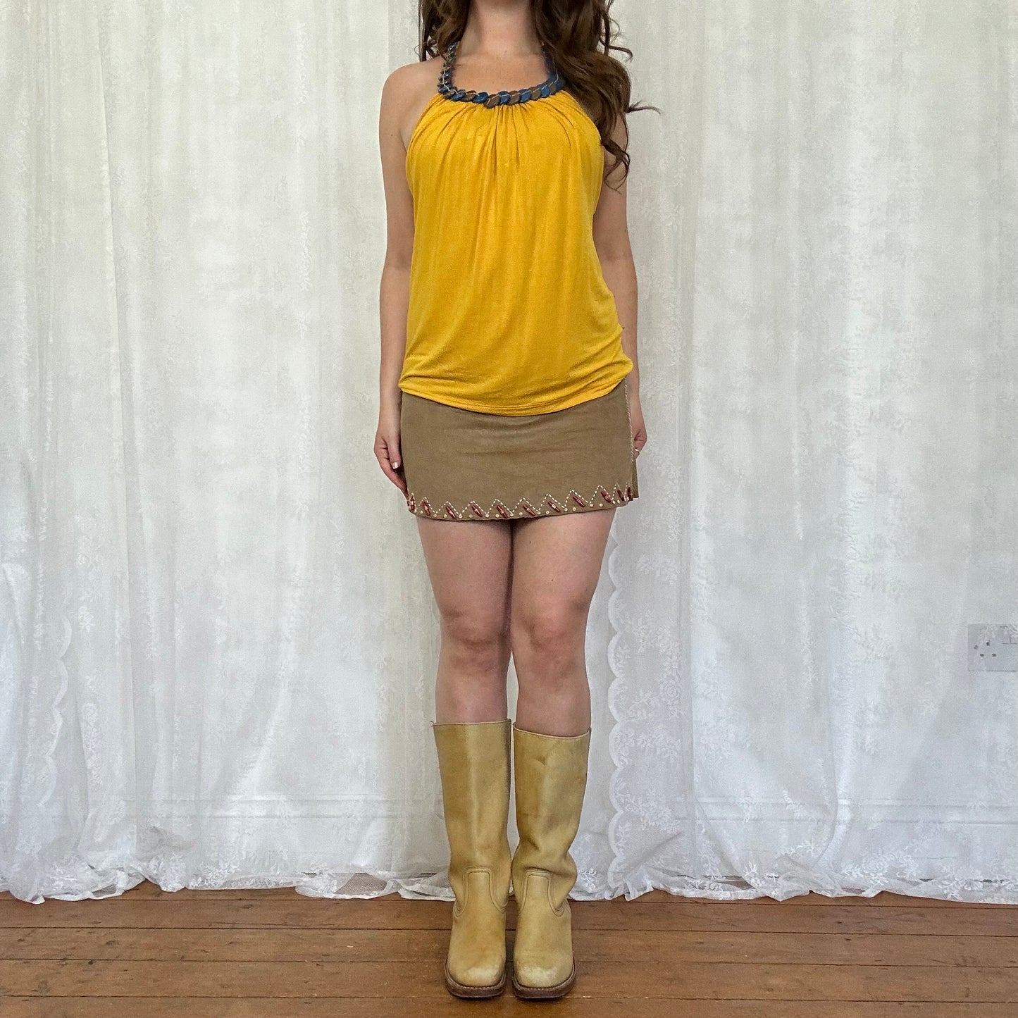 vintage 00s yellow beaded neck halter top