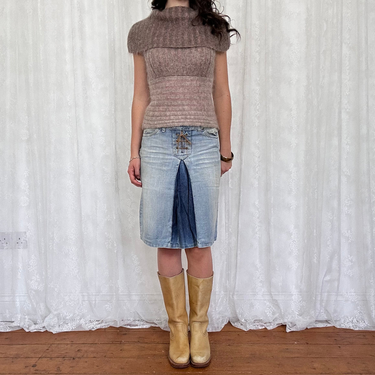 vintage 00s brown off shoulder rollneck jumper