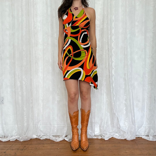 vintage 00s funky patterned asymmetrical halter dress