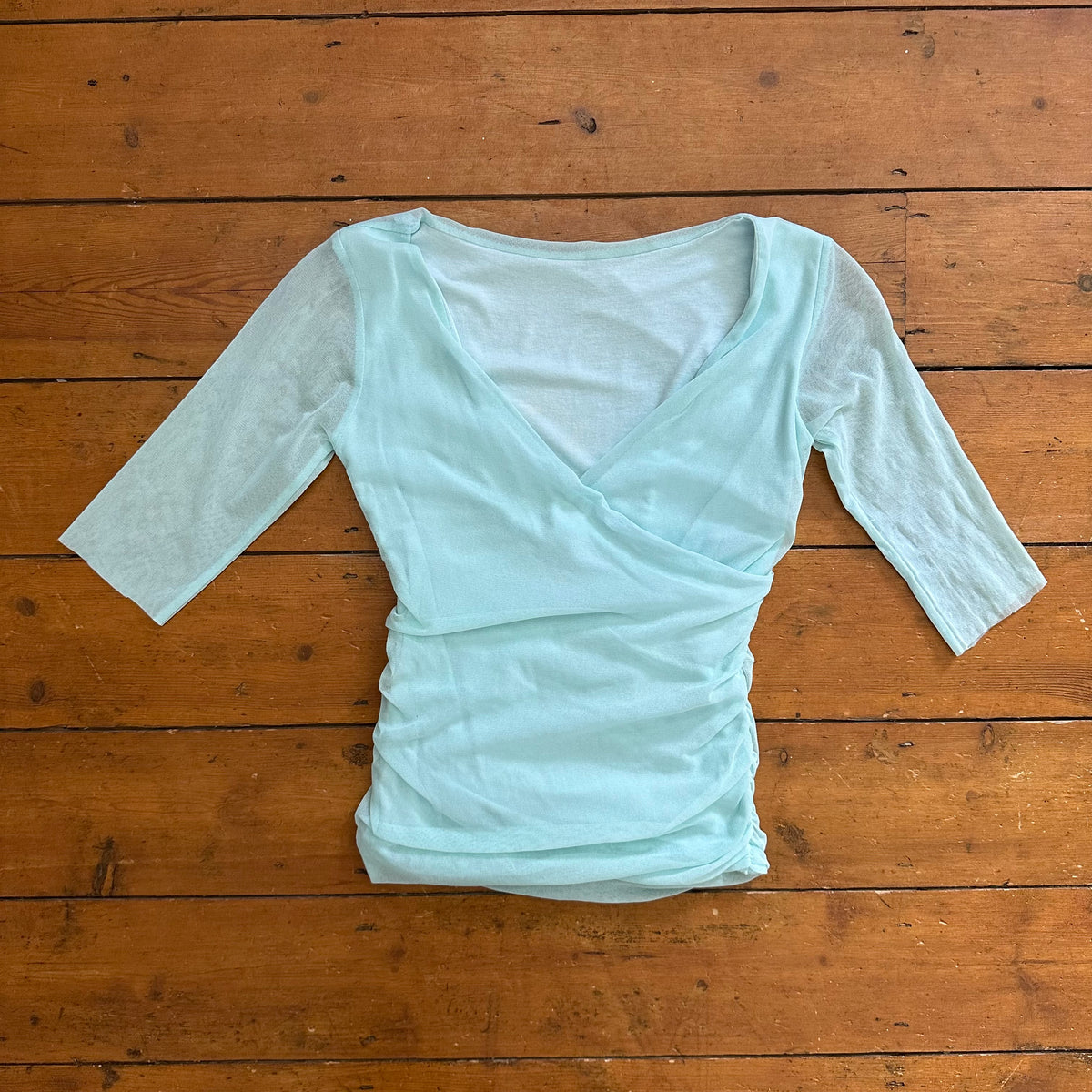 vintage 00s aqua blue cross over mesh top