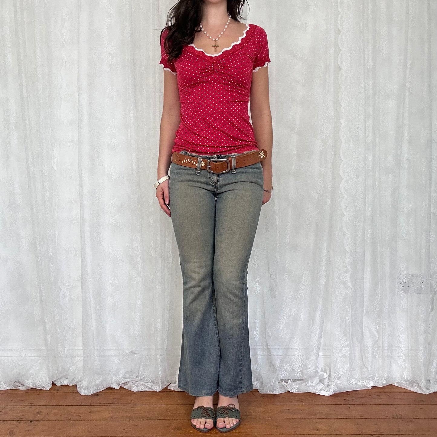 vintage 00s red polka dot lace trim top