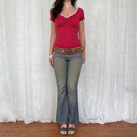vintage 00s red polka dot lace trim top