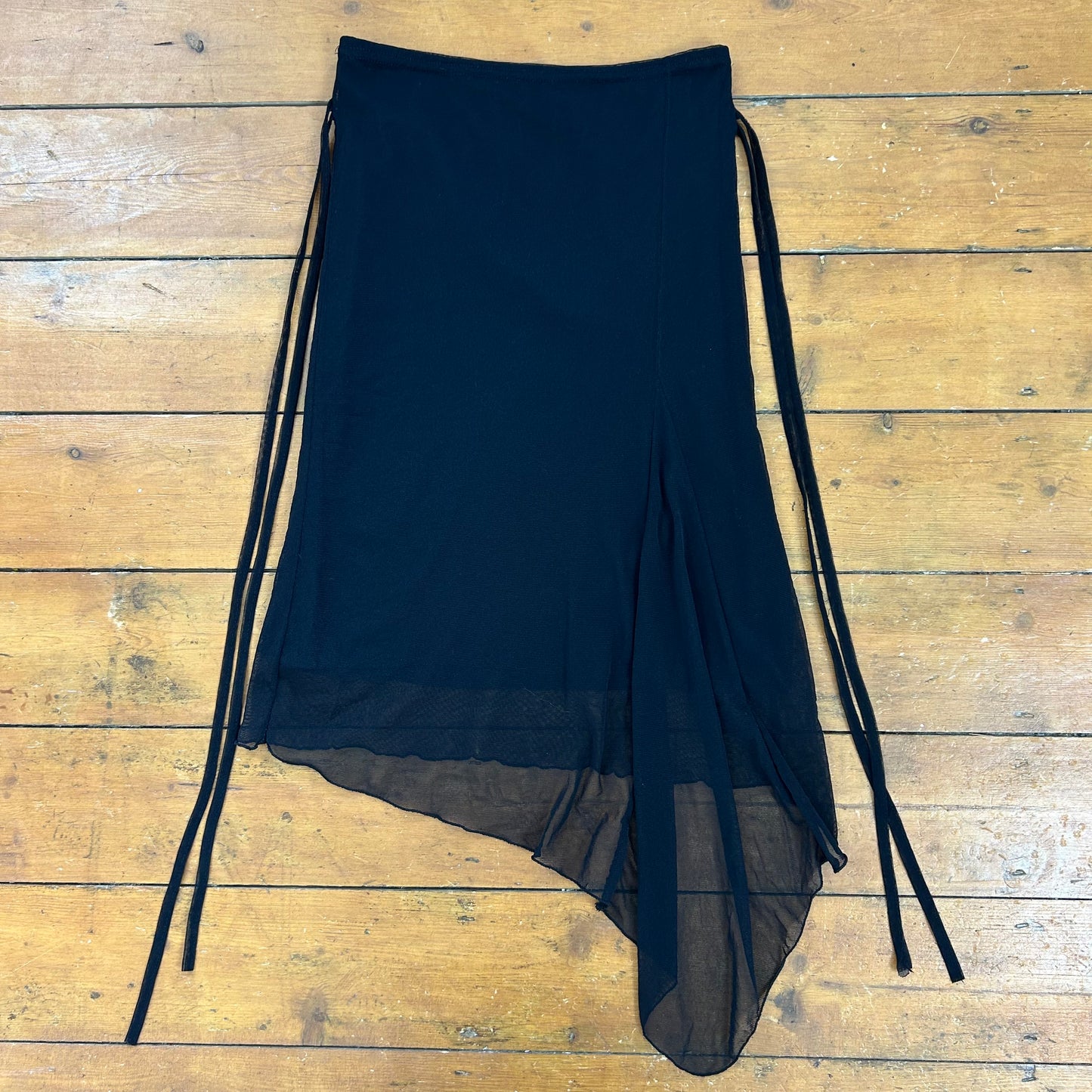 vintage 00s black asymmetrical mesh midi skirt