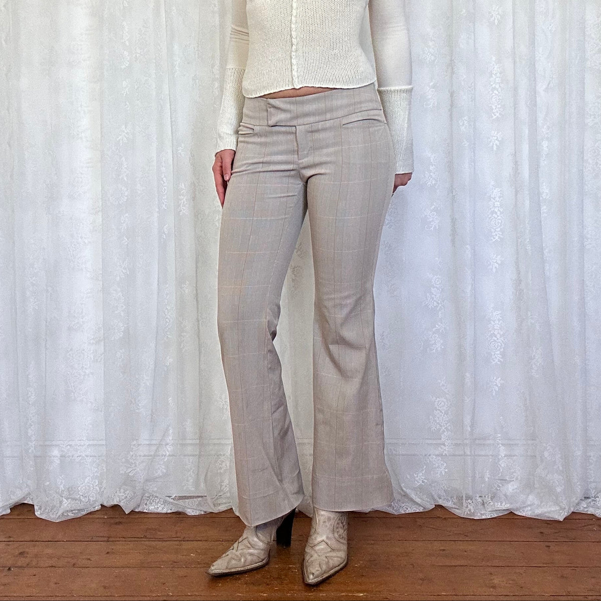 vintage 00s beige checkered low rise suit trousers