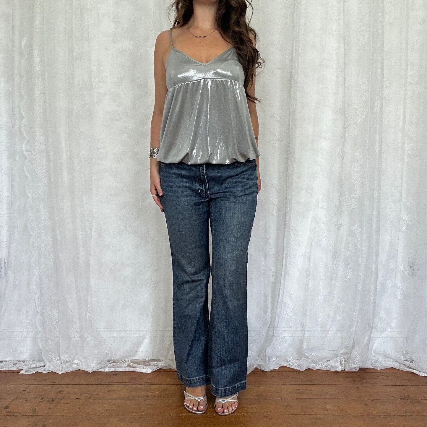vintage 00s silver metallic bubble hem cami