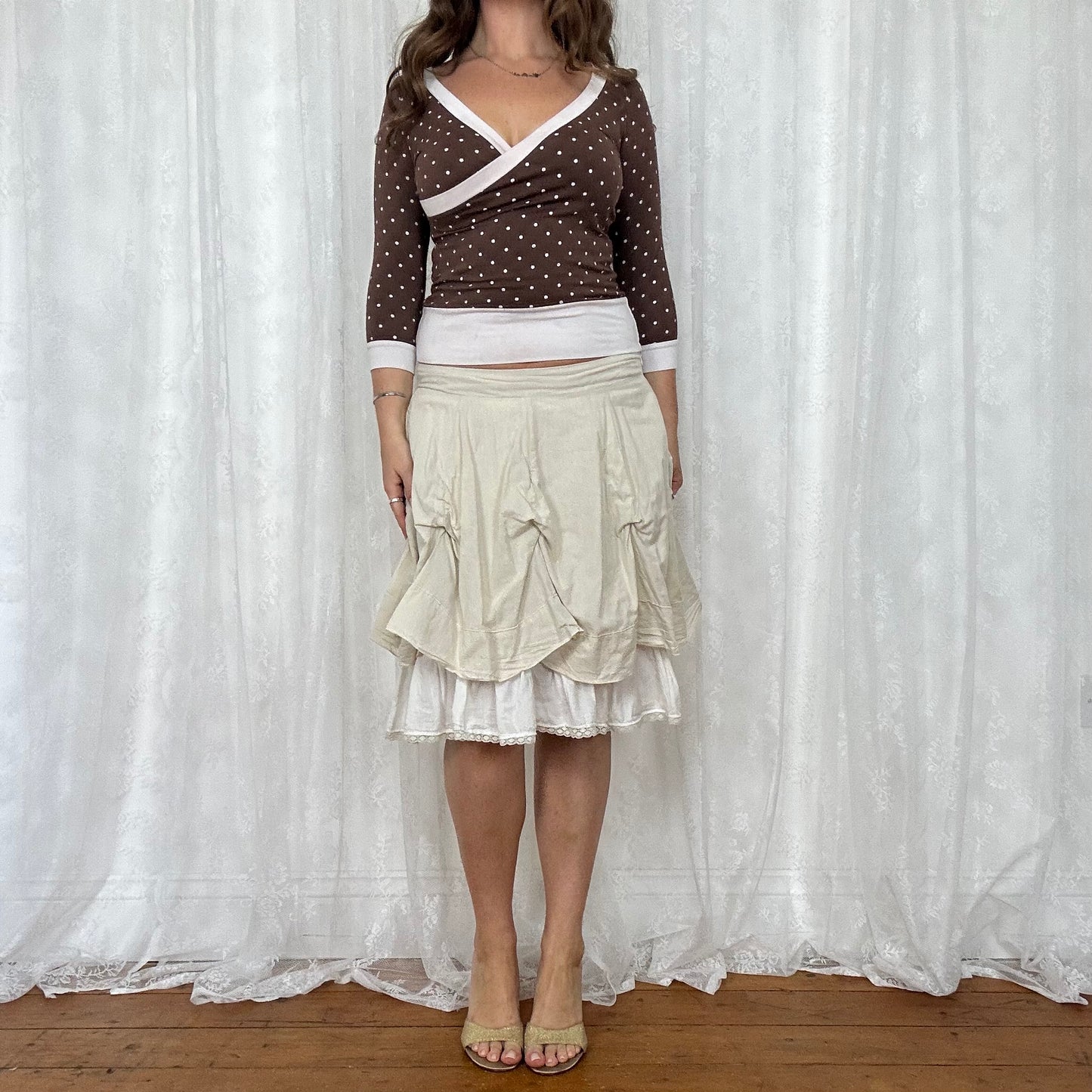 vintage 00s brown polka dot crop sleeve top