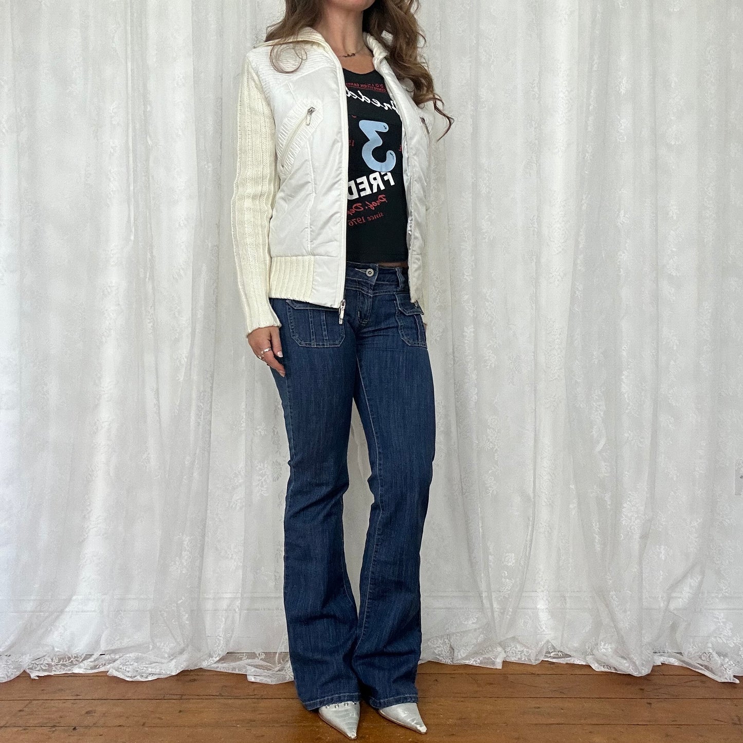 vintage 00s white cream cable knit puff jacket/jumper