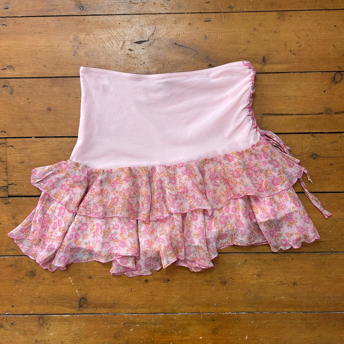 vintage 00s morgan pink floral mesh hem mini skirt