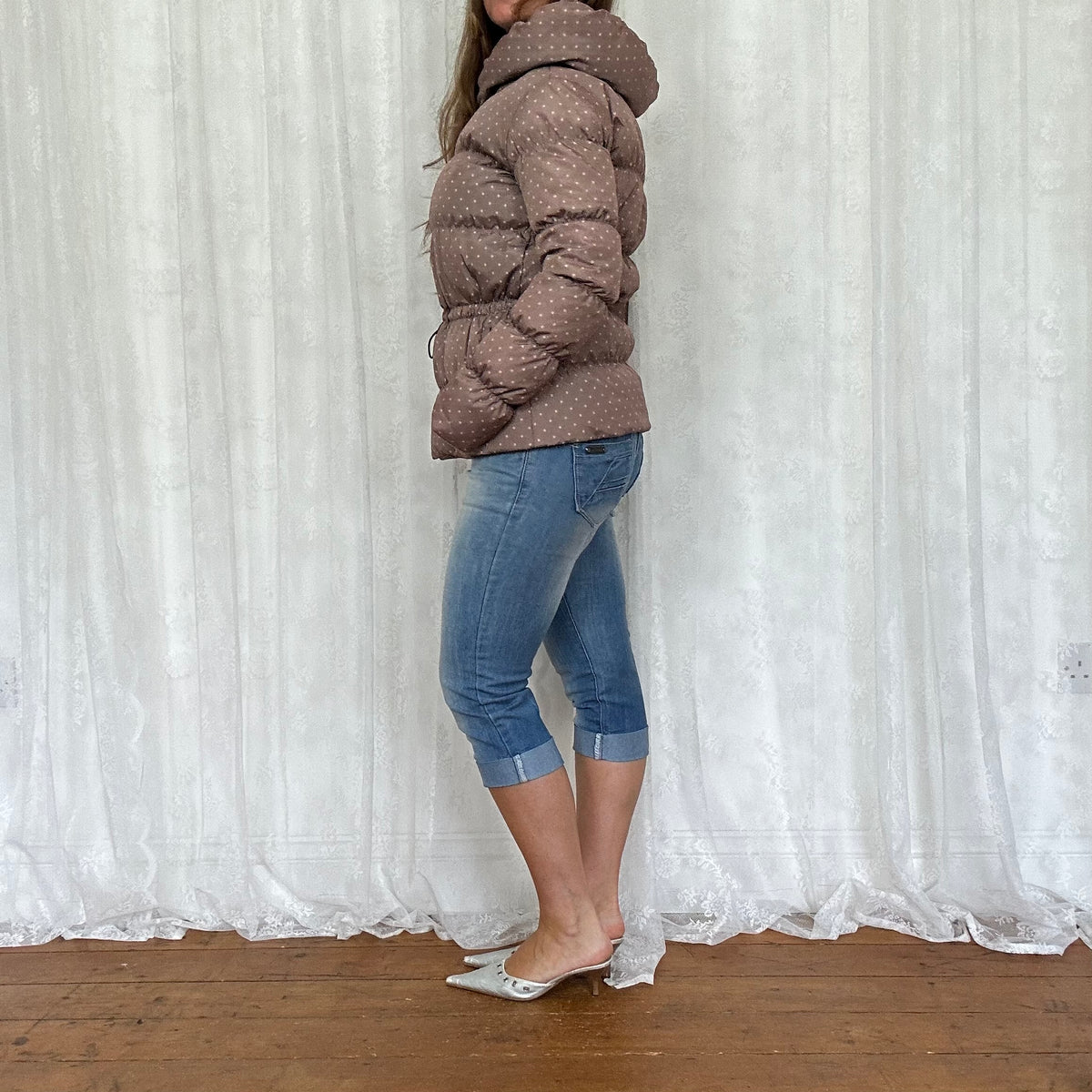 vintage 00s brown and pink polka dot puffer jacket