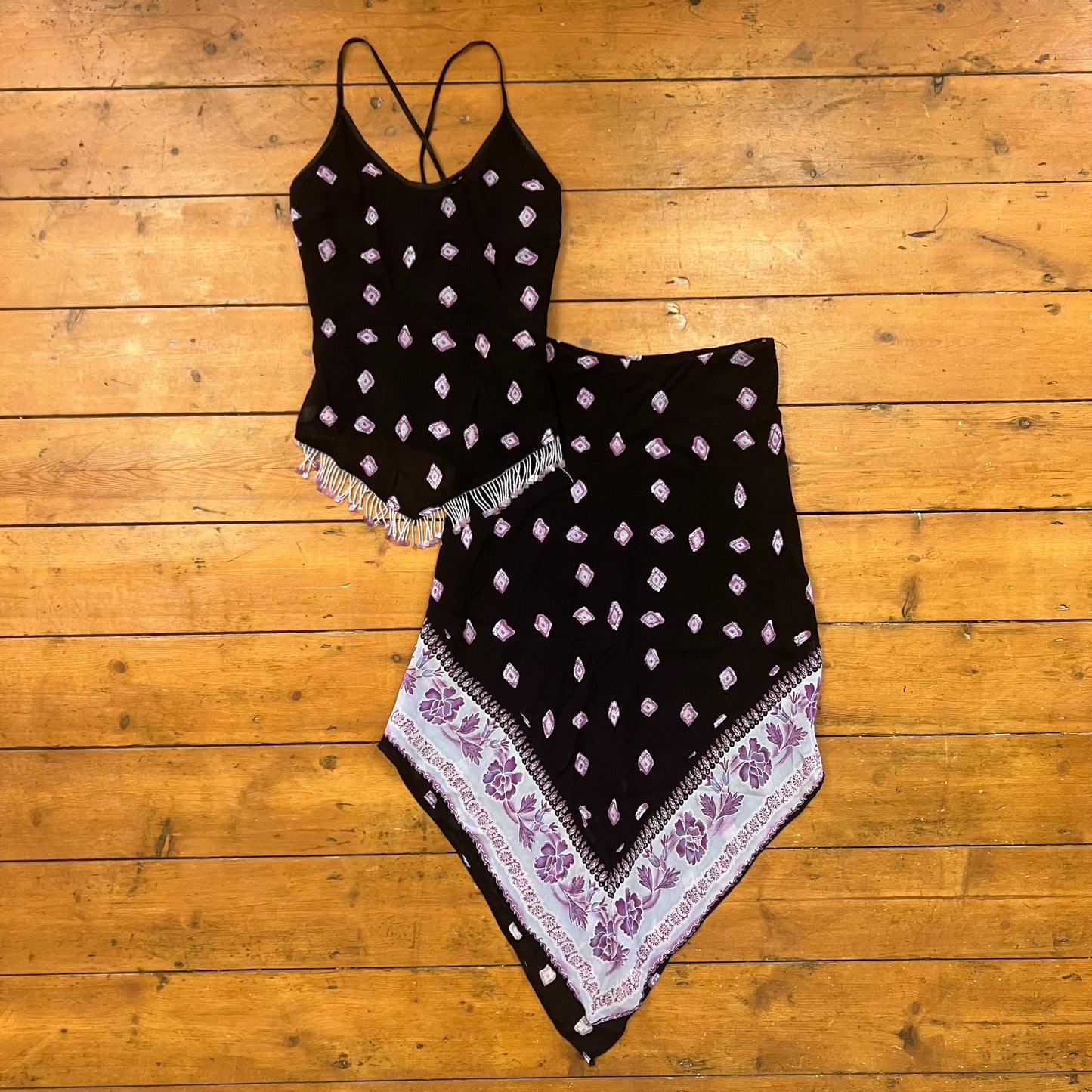 vintage 00s black and purple beaded top and handkerchief skirt co ord