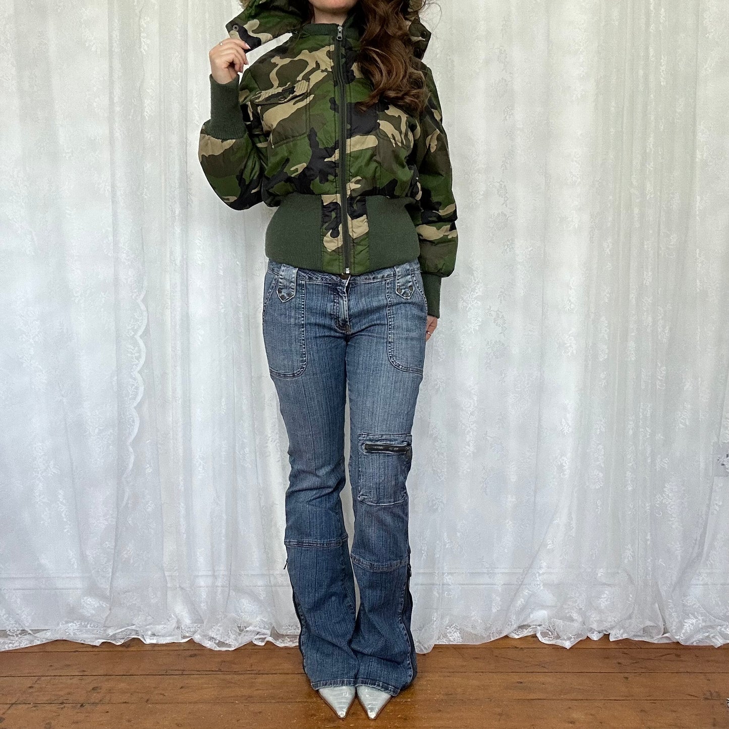 vintage 00s camo print hooded bomber jacket