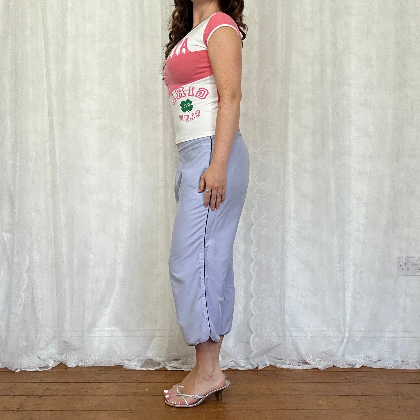 vintage 00s pink and white sporty graphic top