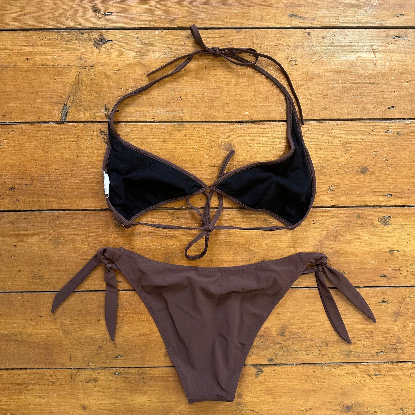 vintage 00s brown triangle bikini set with pink ribbon