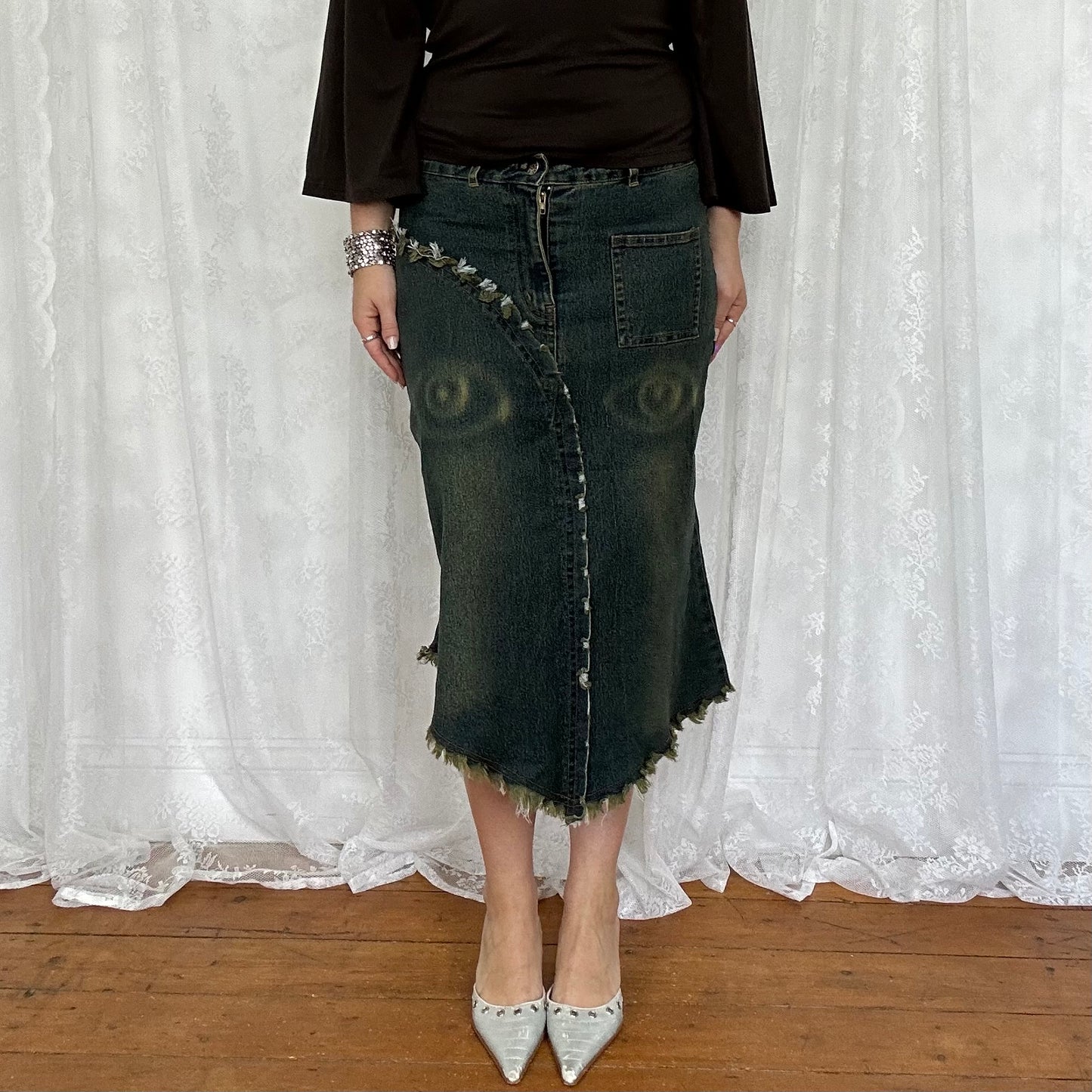 vintage 00s green and blue bleached denim midi skirt