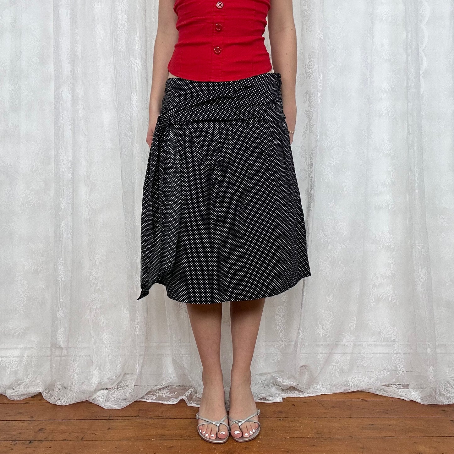 vintage 00s polka dot tie waist midi skirt
