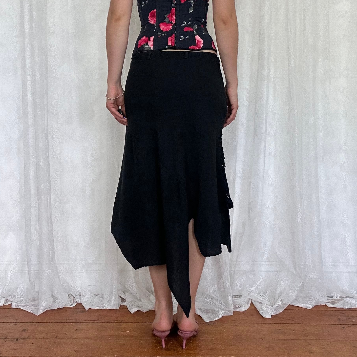 vintage 00s black midi skirt with crochet insert