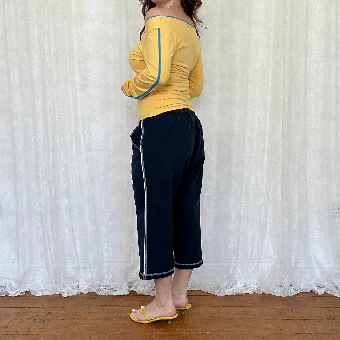 vintage 00s mustard yellow sequin varsity graphic top