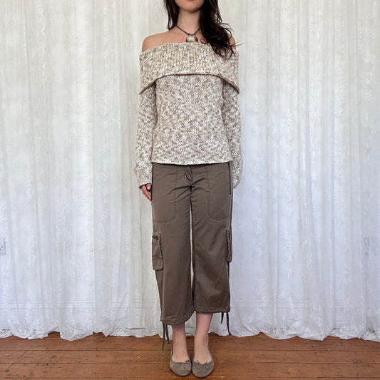 vintage 00s cream and brown off shoulder knitted jumper