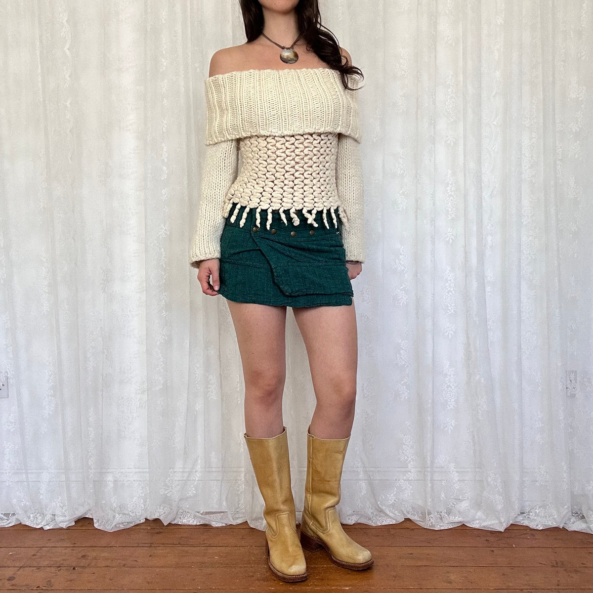 vintage 00s cream chunky knit off shoulder jumper