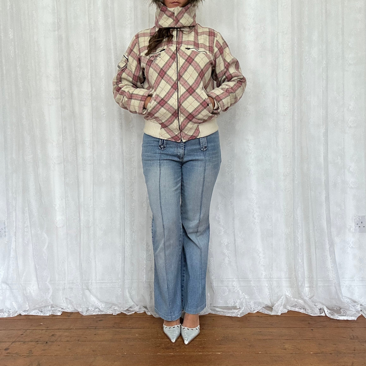 vintage 00s pink and white checkered hooded bomber jacket