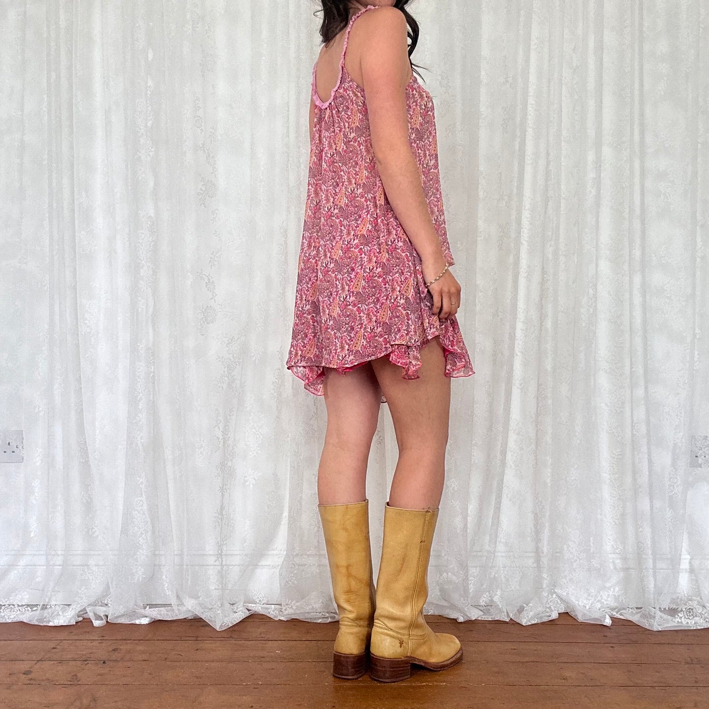 vintage 00s pink paisley floaty mesh cami and mini skirt set
