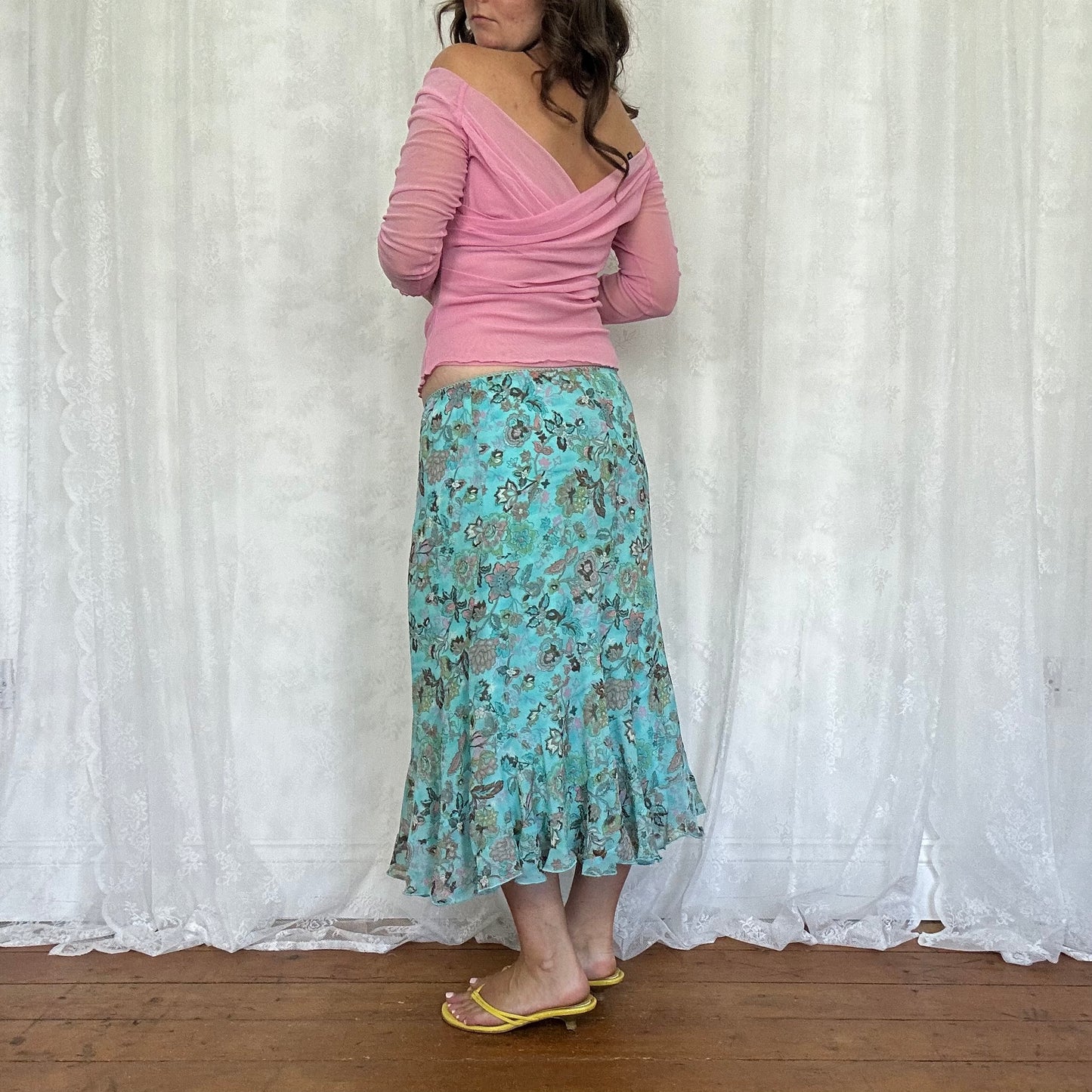 vintage 00s aqua blue floral midi skirt