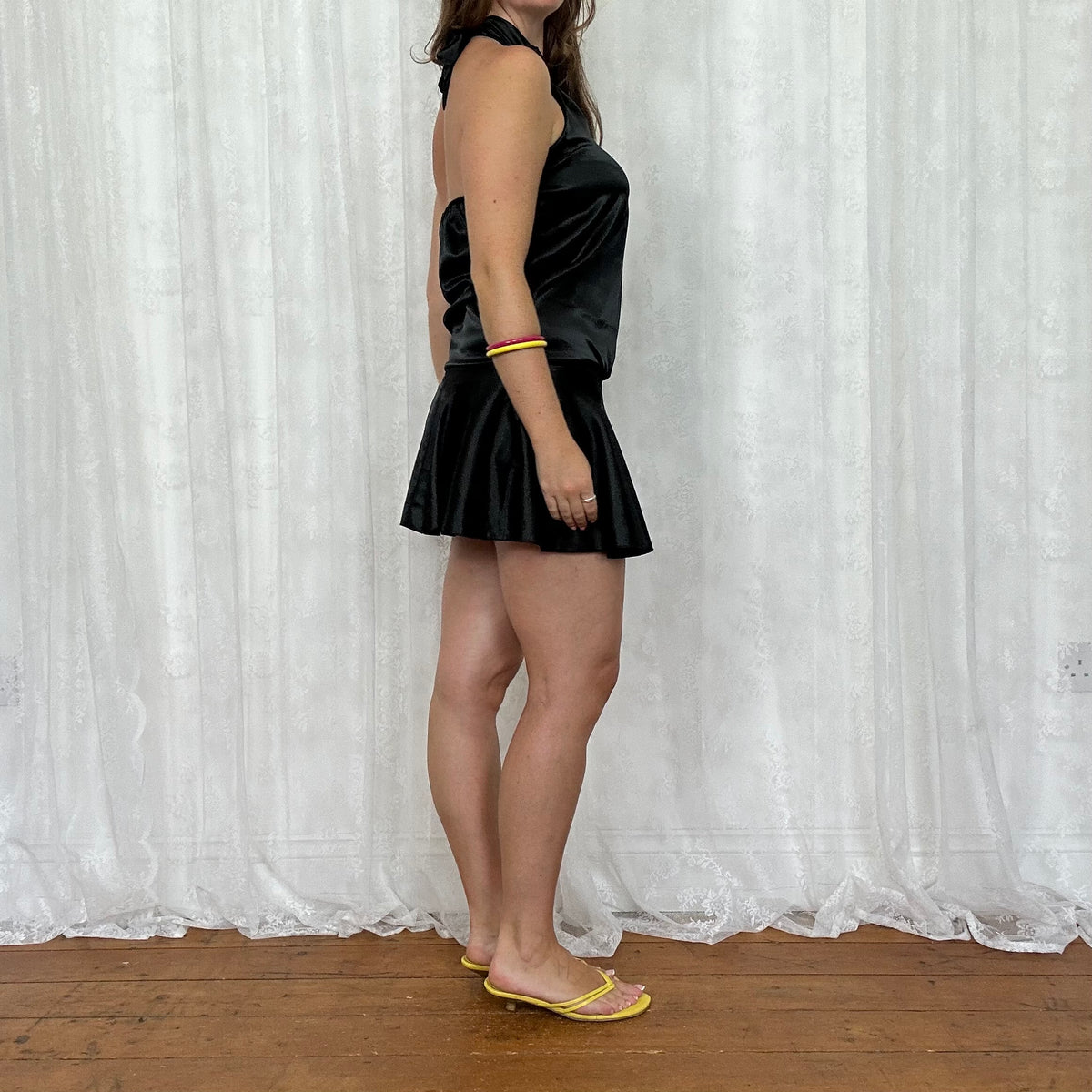 vintage 00s black satin halter mini dress