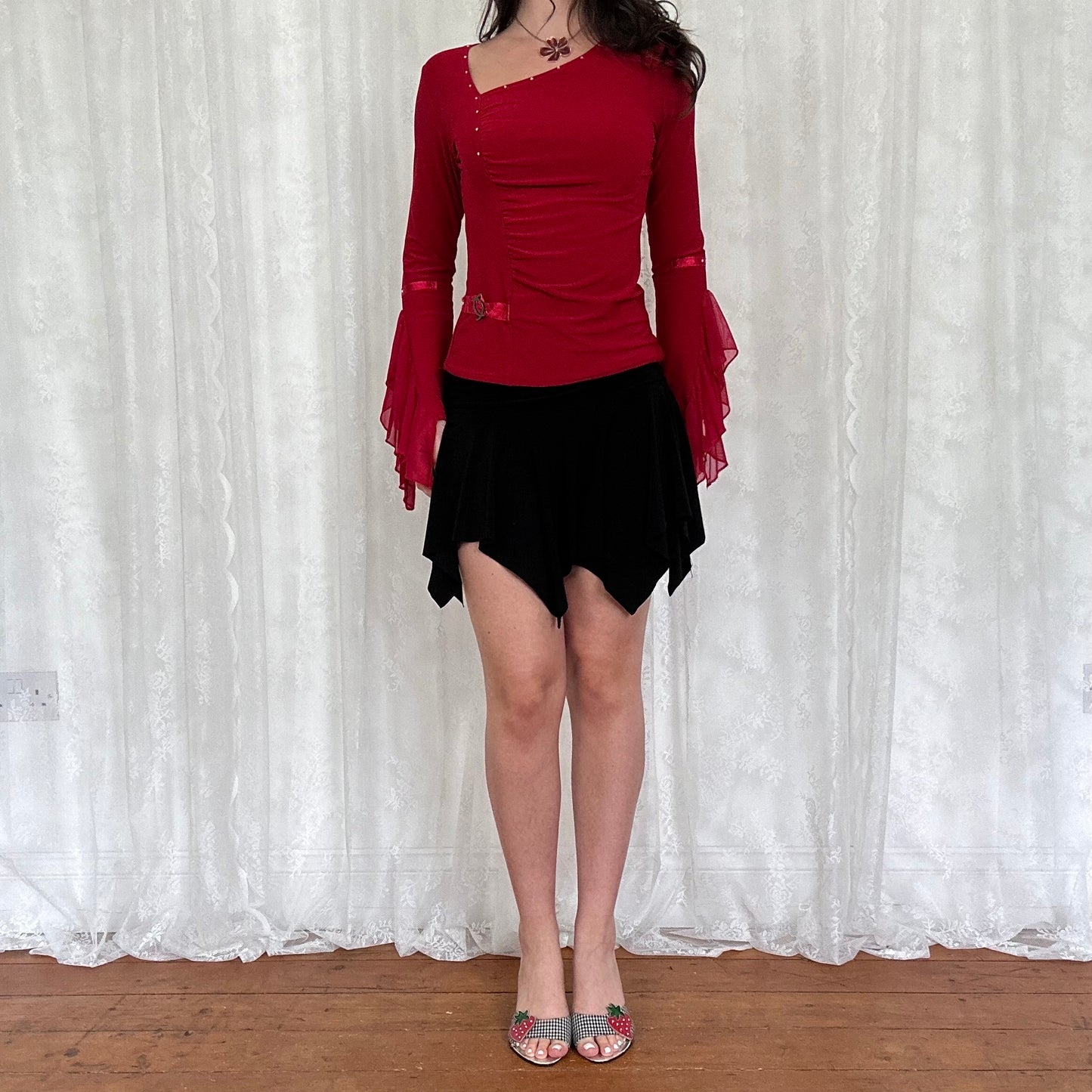 vintage 00s red asymmetrical flared sleeve top