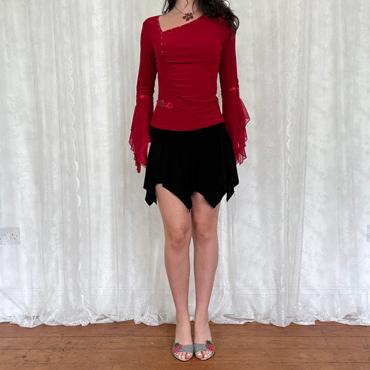 vintage 00s red asymmetrical flared sleeve top