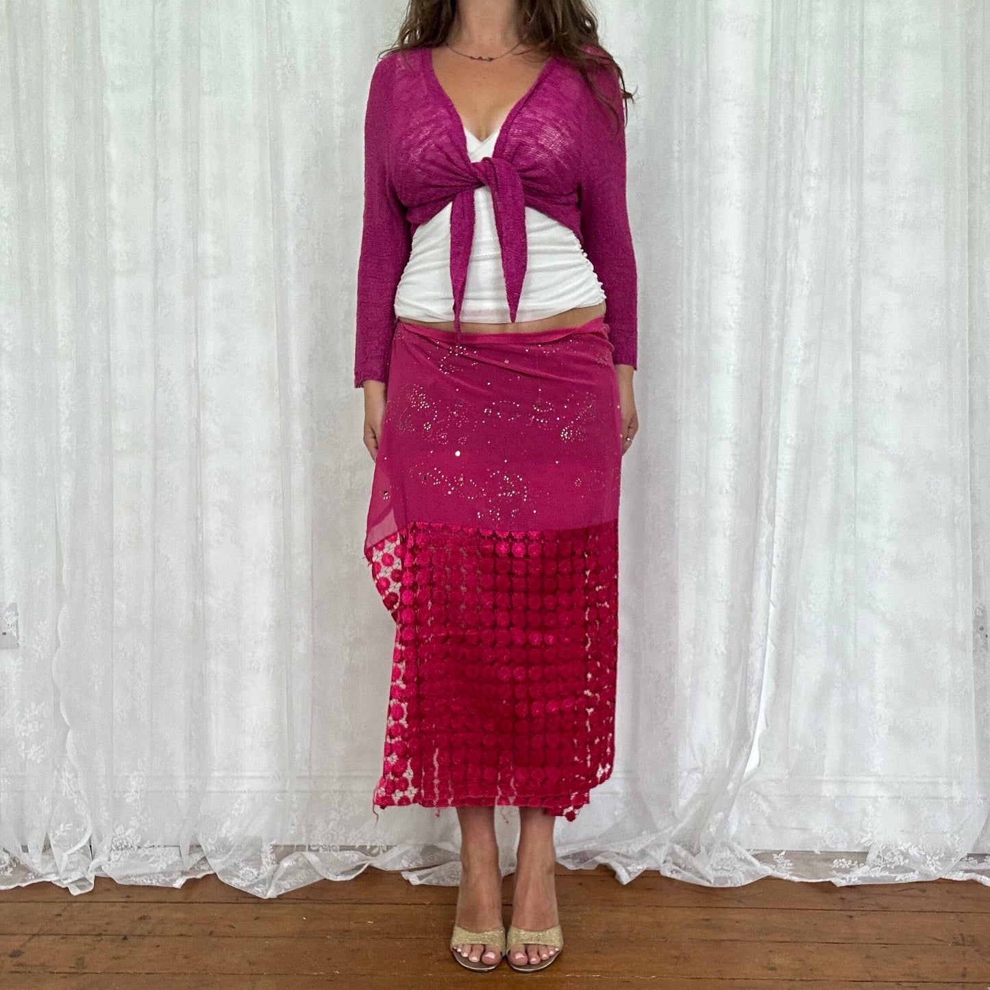 vintage 00s hot pink diamanté shawl / wrap skirt