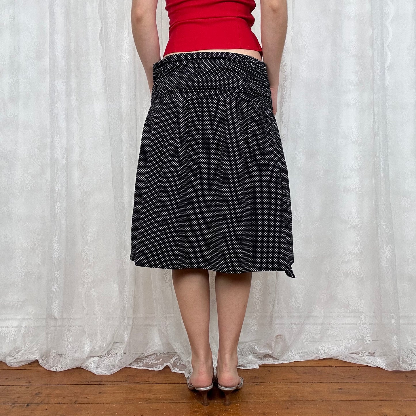 vintage 00s polka dot tie waist midi skirt