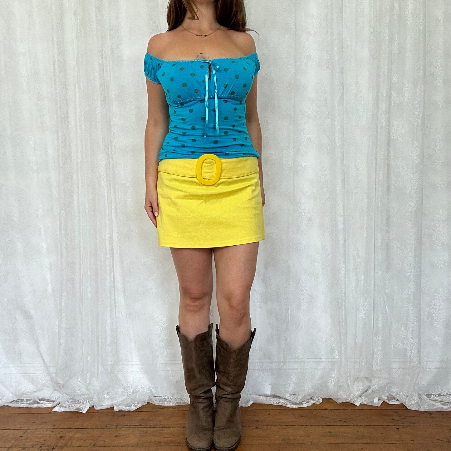 vintage 00s blue polka dot milkmaid top