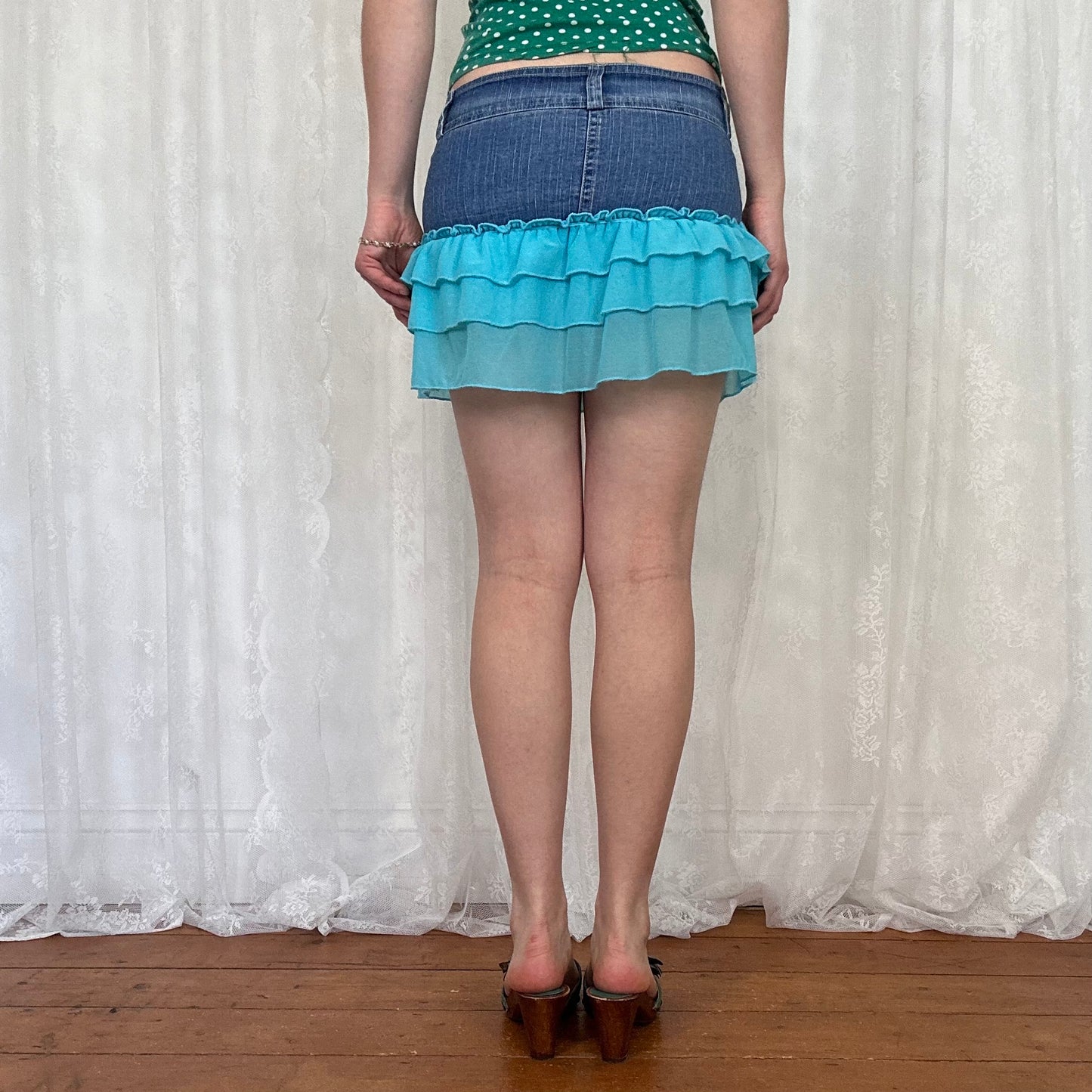 vintage 00s blue mesh ruffle denim mini skirt