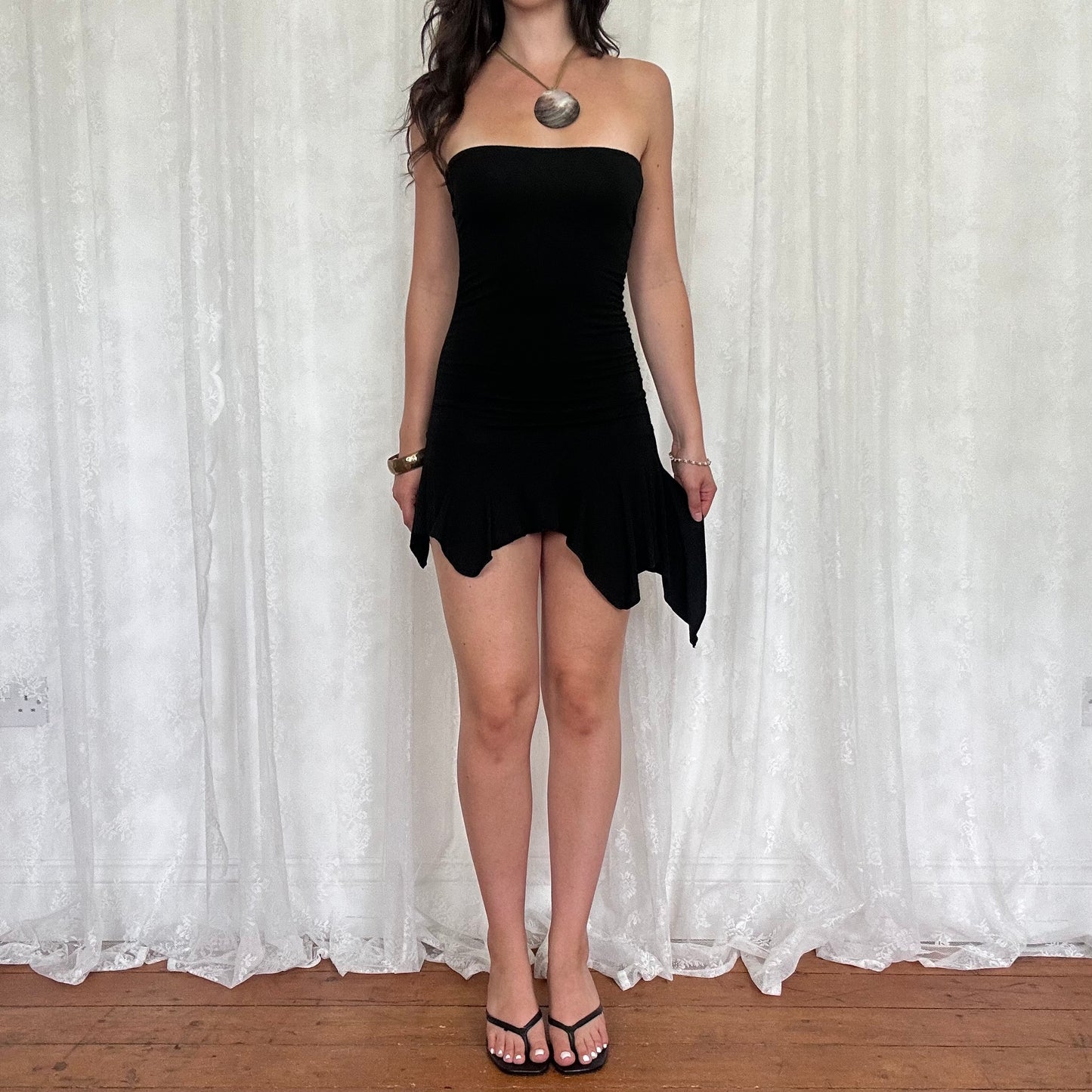 vintage 00s black strapless hanky hem mini dress
